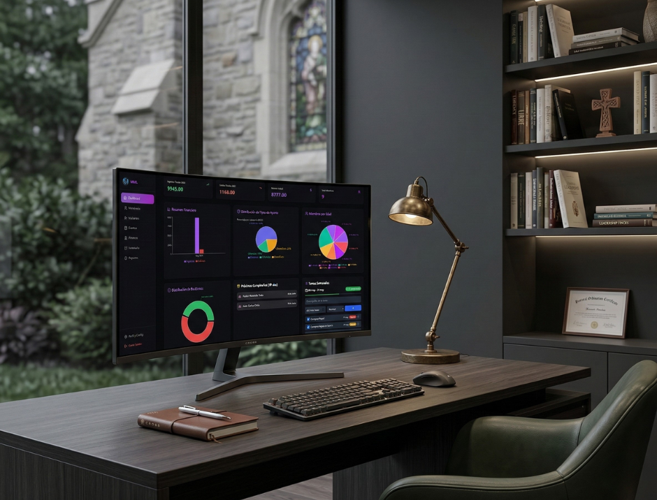 Sala de reunion de iglesia con personas en un servicio comunitario