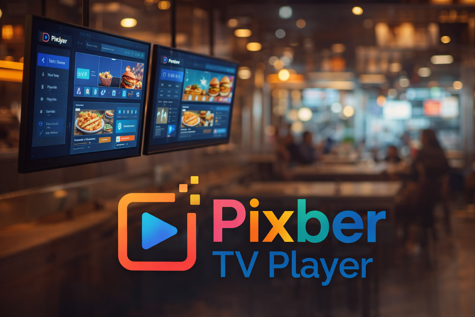 Restaurante con pantallas digitales mostrando menu y promociones